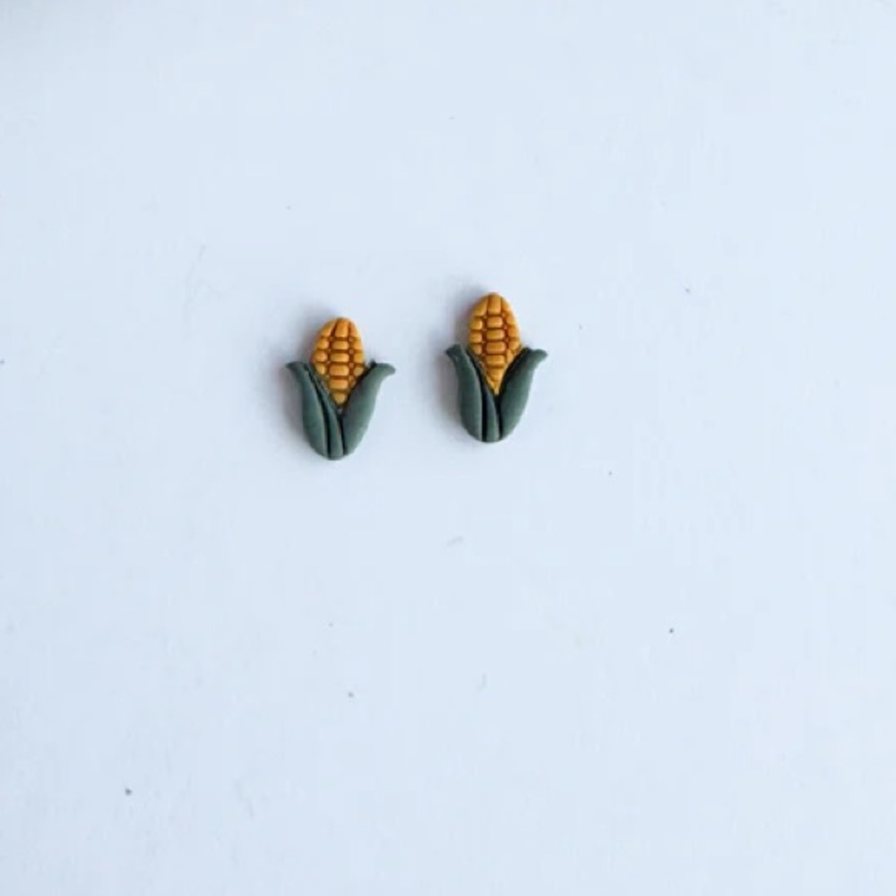 Handmade Corn Cob Kernel Cuties Stud Earrings - Yellow & Green